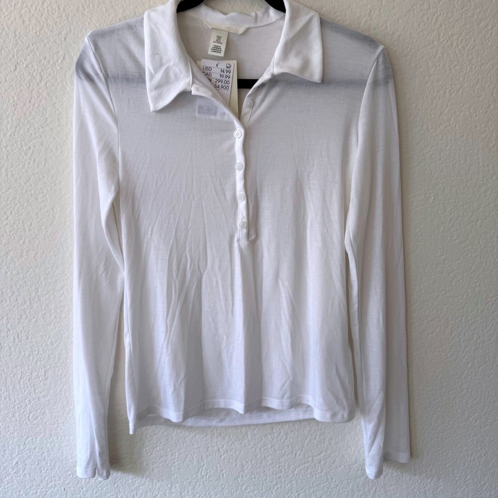 H&M Polo Shirt Women Medium White Long Sleeve Jersey Button Up Ribbed Collar NEW